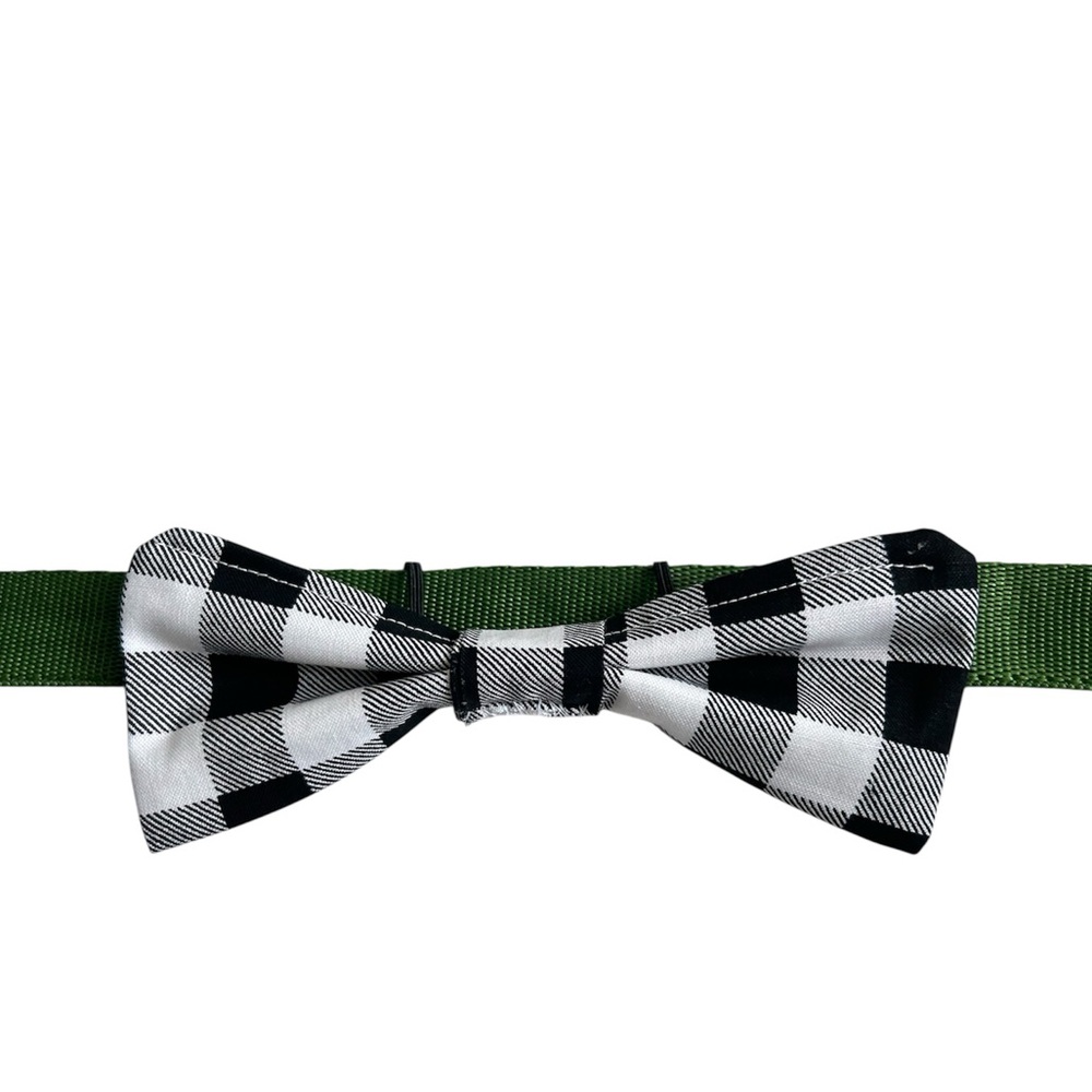 Hand Crafted Black Plaid Dog Bow Tie Cotton Collar Attachable 6” Accessory - Picture 7 of 10